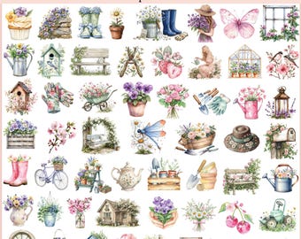 Gardening Clipart 150 Designs, Watercolor gardening PNG Bundle,Vintage gardening tool