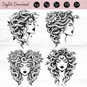 May include: Black and white digital download featuring four illustrations of Medusa. Each image depicts Medusa with snakes for hair, some with floral accents. The text "Digital Download" is at the top, with file type icons.
