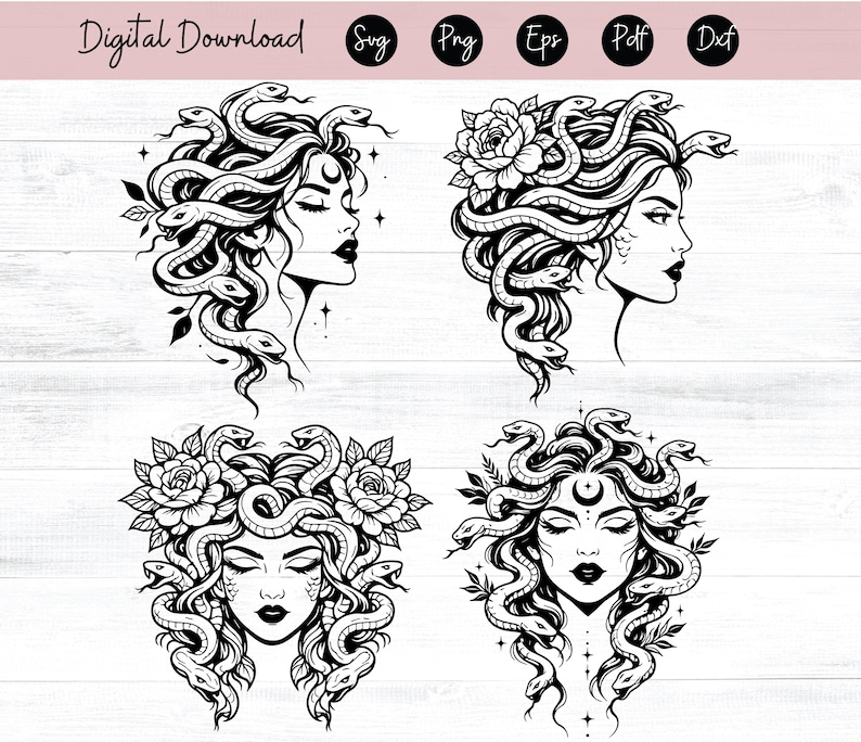 May include: Black and white digital download featuring four illustrations of Medusa. Each image depicts Medusa with snakes for hair, some with floral accents. The text "Digital Download" is at the top, with file type icons.