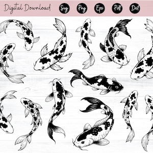 Può includere: Illustrazioni in bianco e nero di pesci koi in varie pose. I pesci hanno pinne e motivi dettagliati. Le parole "Digital Download" sono in alto, insieme alle icone dei tipi di file. Adatto per progetti di arte digitale.