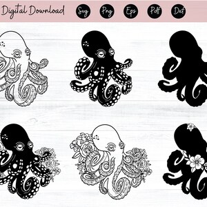 Puede incluir: Seis descargas digitales en blanco y negro de un pulpo. Tres de las im&aacute;genes de pulpo son completamente negras, y tres de las im&aacute;genes de pulpo tienen un contorno blanco. Dos de las im&aacute;genes de pulpo tienen flores alrededor.