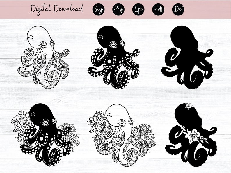 Puede incluir: Seis descargas digitales en blanco y negro de un pulpo. Tres de las im&aacute;genes de pulpo son completamente negras, y tres de las im&aacute;genes de pulpo tienen un contorno blanco. Dos de las im&aacute;genes de pulpo tienen flores alrededor.