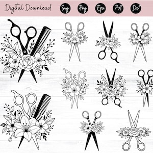 Puede incluir: Descarga digital en blanco y negro con varios diseños florales de tijeras y peines. La imagen incluye múltiples ilustraciones de tijeras combinadas con flores y peines, ideal para proyectos de salón o belleza.