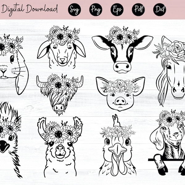 Farm animals with crown svg bundle Floral crown Svg goat svg chicken svg heifer svg pig svg floral wreath svg flower headband