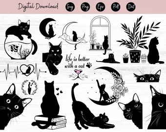 Floral cat svg, Peeking cat svg, dxf, png, jpg, Cute kitten svg, Funny black cat svg, Cat with flowers svg, Cat face svg, Instant Download