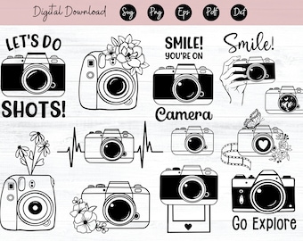 May include: A set of 10 black and white camera illustrations with various designs. The illustrations include cameras with flowers, hearts, film strips, and text that says "Let's do shots!" "Smile! You're on camera" and "Go Explore".