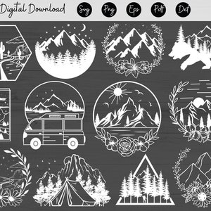 Montaña Svg Naturaleza paisaje Svg Montaña Clipart Luna svg Flores svg, Escena del Desierto Svg, Sol PNG, Corona de flores Svg, EPS, Dxf, Vector