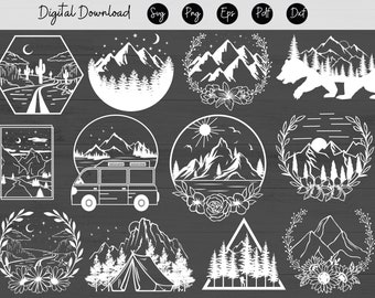 May include: A set of 10 black and white mountain and nature themed illustrations. The illustrations include mountains, trees, a van, a tent, a bear, and a crescent moon. The illustrations are perfect for use in digital projects, such as scrapbooking, card making, and web design.