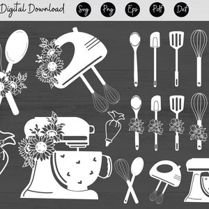 Backen SVG-Datei, Mixer svg, Floral Nudelholz svg, Schneebesen svg, Spachtel Blumen, Kochutensilien svg, Baker geschnitten Datei, Kochen Silhouette