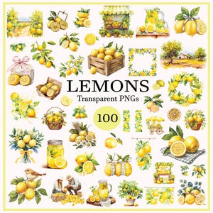 100 imágenes prediseñadas de limones en acuarela, imágenes prediseñadas de frutas, paquete de imágenes PNG de limones, corona de limones en acuarela