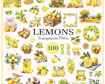 100 Watercolor Lemon Clipart, Fruit Clipart, Lemon PNG Bundle, Watercolour Lemon Wreath