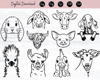 Farm animals svg bundle, Highland Cow Svg, goat svg, chicken svg, heifer svg, pig svg, floral wreath svg, flower headband Svg | Png
