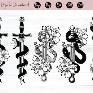 Espada SVG, flor cobra SVG, arquivo de corte de cobra, espada clipart, cobra floral svg, tatuagem svg, animal svg, réptil svg, tatuagem clipart