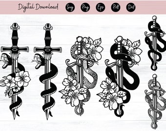Sword SVG, Flower Snake SVG, Snake Cut File, Sword Clipart, Floral Snake svg, Tattoo svg, Animal svg, Reptile svg, Tattoo Clipart