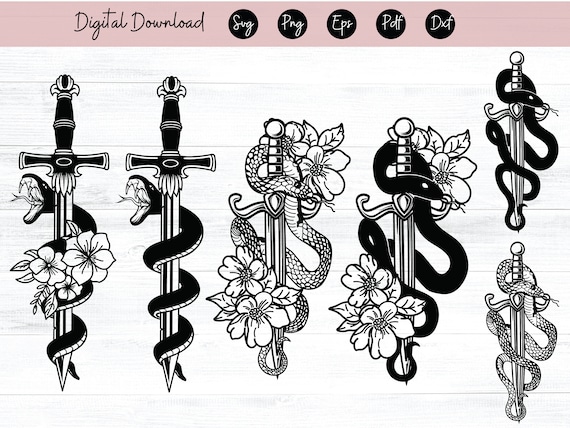 Sword SVG, Flower Snake SVG, Snake Cut File, Sword Clipart, Floral Snake svg, Tattoo svg, Animal svg, Reptile svg, Tattoo Clipart