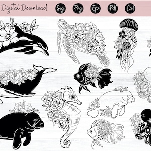 Animales oceánicos florales Svg Caballo de mar Svg Flor medusa Svg Criatura marina con flor Svg Submarino Svg, Vida marina Clipart, Dxf, Eps, Png