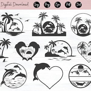Dauphins SVG, PNG, EPS, DXf, tropical, palmiers coucher de soleil sur la plage, téléchargement numérique, silhouette de dauphin, fichiers Svg pour Cricut, dauphins sautant