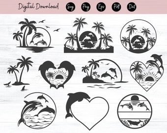 Dolphin SVG, PNG, EPS, DXf, Tropical, Beach Sunset Palm trees, Digital Download, Dolphin Silhouette, Svg files for Cricut, Jumping Dolphins
