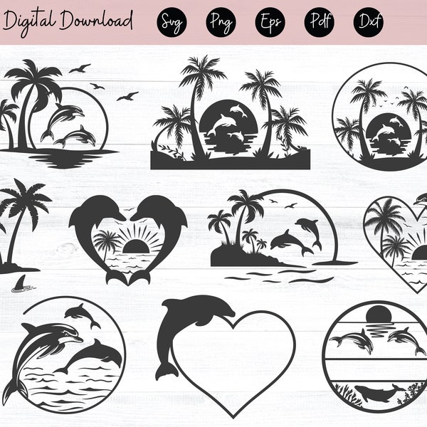 Dolphin SVG, PNG, EPS, DXf, Tropical, Beach Sunset Palm trees, Digital Download, Dolphin Silhouette, Svg files for Cricut, Jumping Dolphins