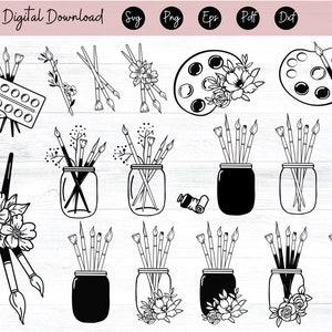 Artist Supplies Svg Schoolbenodigdheden SVG Verfborstels Svg Pot met borstels Svg Bloemen Svg-bestand Bloemenpalet Svg Cricut, Eps, Dxf