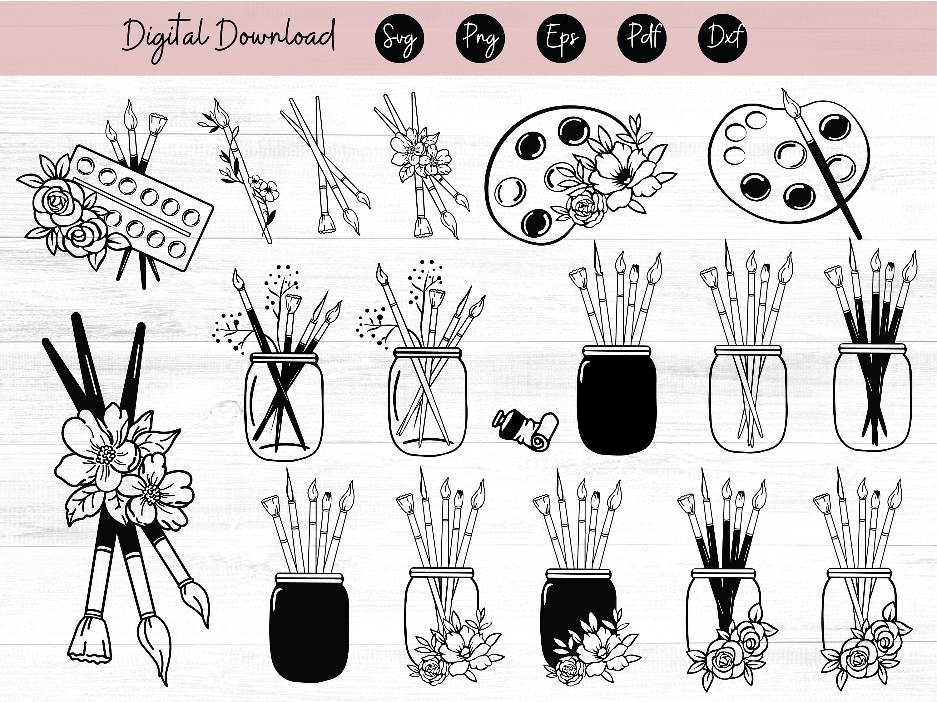 Artist Supplies Svg School Supplies SVG Paint Brushes Svg Jar With