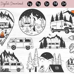 May include: Black and white illustrations of camping scenes with mountains, trees, a campfire, a tent, and a camper van. The text "CAMP" is on a sign.