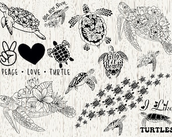 Könnte beinhalten: Schwarz-weiße Illustrationen von Meeresschildkröten mit verschiedenen Sprüchen, darunter "Peace Love Turtle", "Salty lil' beach", "See you soon" und "I like turtles".