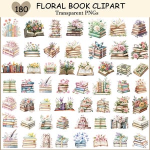 May include: A collection of 180 watercolor floral book clipart images. The images feature stacks of books, open books, and individual books adorned with flowers, butterflies, and ribbons. The color palette includes soft pastels and earth tones.