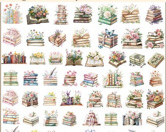 180 Wildflower Books,  Watercolor Books Clipart , Floral Book PNG, Cottagecore Book Stack