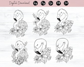 May include: A set of six black and white line drawings of flamingos with tropical flowers and leaves. The flamingos are in different poses, some with their heads tucked under their wings, others with their heads raised. The flowers are a mix of hibiscus and other tropical blooms.