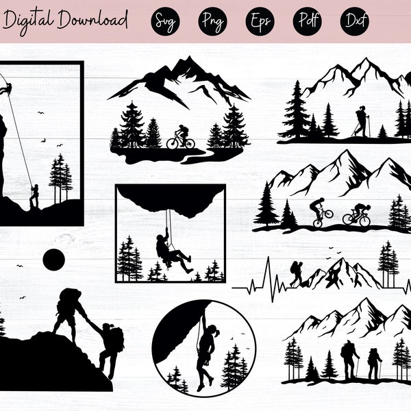 Mountain, forest, climbing, climber, woman, silhouette, picture, svg, eps, png, dxf, digital cricut file