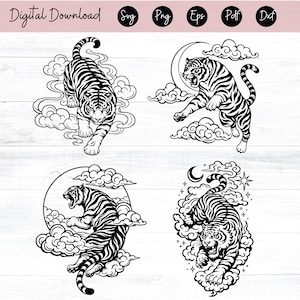 以下が含まれることがあります： 4つの白黒の虎のイラストが描かれたデジタルダウンロード。各虎は、様式化された雲の中でダイナミックなポーズで描かれており、1つのデザインには月と星が組み込まれています。画像の上部にはファイルタイプのアイコンがあります。