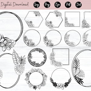 Tropical Leaf Frames SVG Tropical Leaves cut file Leaf Monogram Summer Monogram Monstera Palm Leaves Circle Hexagon Square