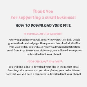 Puede incluir: Instrucciones de texto sobre c&oacute;mo descargar un archivo digital despu&eacute;s de comprar en Etsy. Las instrucciones se dividen en dos secciones: "Si tienes una cuenta de Etsy" y "Si realizas la compra como invitado".
