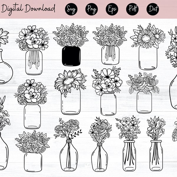 Flower Vase SVG file, Flower SVG files, Flower cut files, Floral Vase, Flower Bouquet Svg, Vase cut file, Floral Clipart, Vector, Eps, Dxf