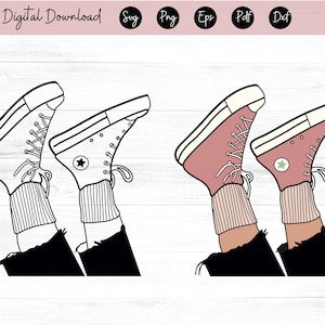 Puede incluir: Una ilustración digital de dos pares de zapatillas de deporte de caña alta con calcetines y pantalones vaqueros. Un par es blanco y negro, y el otro es rosa y blanco.