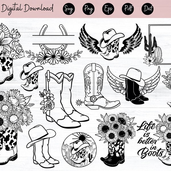 Cowboy-Stiefel SVG RodeoSvg DXF PNG Pdf Cowgirl-Stiefel-Svg Western-Stiefel-Svg Cowboy-Hut-Svg, Cut-Datei, Clipart