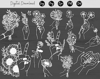 May include: A set of 12 black and white line art illustrations of hands holding flowers and floral bouquets. The illustrations are in a minimalist style and would be perfect for use in digital projects or printed products.