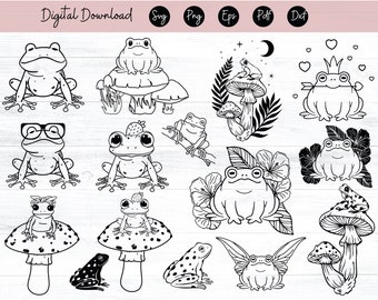 Archivo SVG de sapo flor, SVG de rana linda, imágenes prediseñadas de rana, SVG de rana flor, SVG de rana con flores, SVG de sapo de estanque, archivos para Cricut, EPS, DXF, PNG