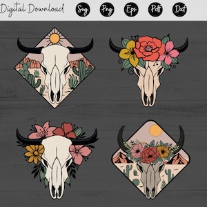 Koe schedel bloemen SVG-bestand, koe schedel Cactus SVG-bestand, koe schedel SVG-bestand, koe schedel woestijn scène gesneden bestand, zuidwesten, Boho SVG, longhorn SVG