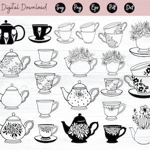 Bule floral svg Xícara de chá svg Bule de chá Flores svg Clipart svg png dxf eps ai Clipart Vector Cuttable | Cricut, Silhueta, Camafeu