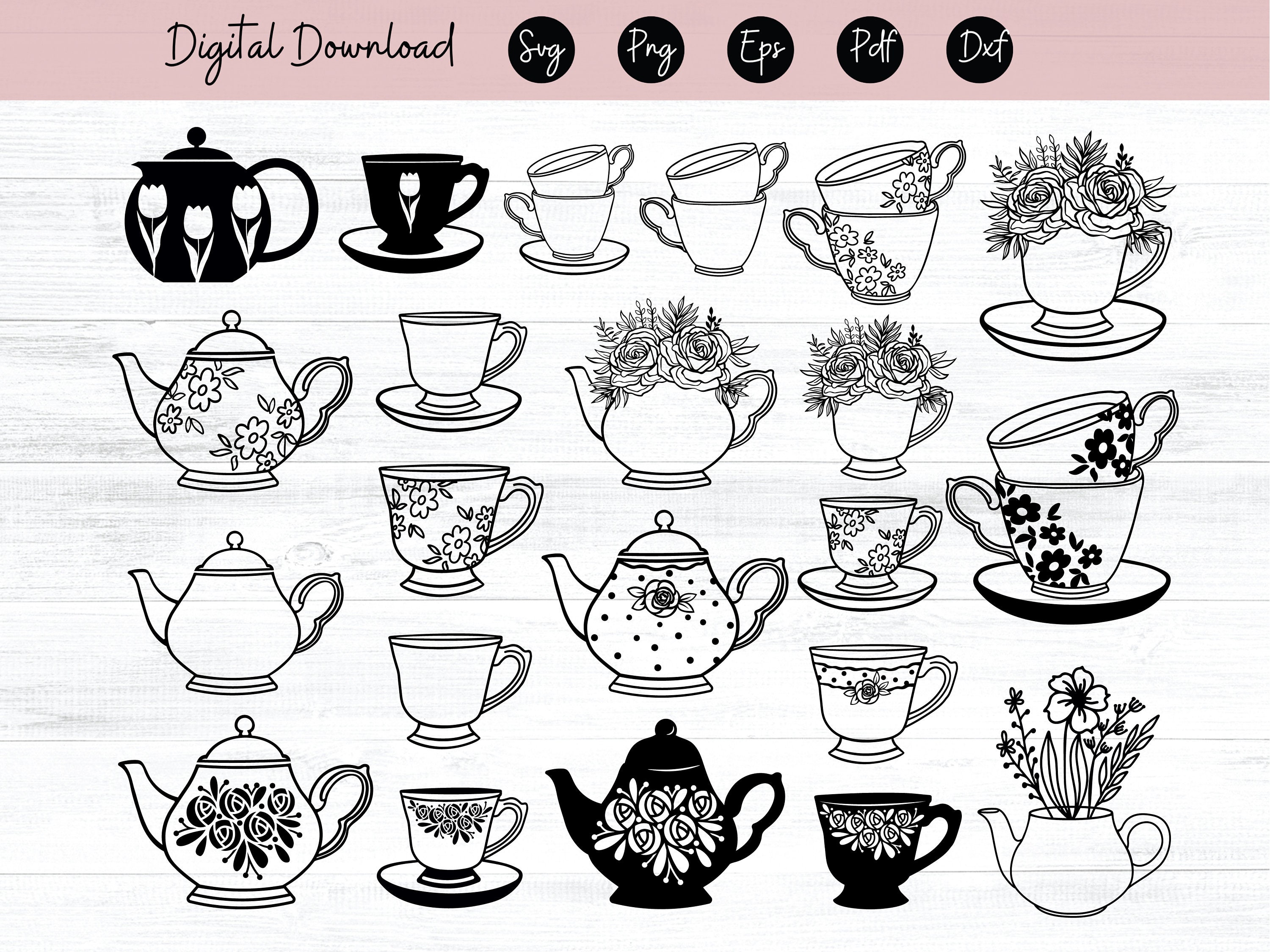 Floral Teapot svg Teacup svg Tea pot Flowers svg Clipart svg png dxf eps ai Clipart Vector Cuttable | Cricut, Silhouette, Cameo