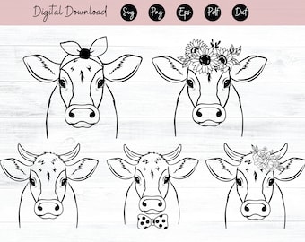牛のSVGファイル、花冠をつけた牛のSVG、牛のカットファイル、動物の顔、花冠、頭に花をつけた牛、かわいい牛のSVG、農場の動物、納屋