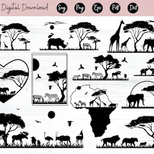 Safari Animal SVG Elefante Svg Girafa Svg Safari Clipart Pássaros voando Cena SVG Animais africanos Arquivos Svg para Cricut, Png, Eps, Dxf