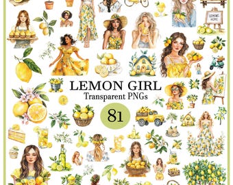 Watercolor Lemon Girl Clipart, Fruit Clipart, Lemon PNG Bundle, Watercolour Lemon Wreath