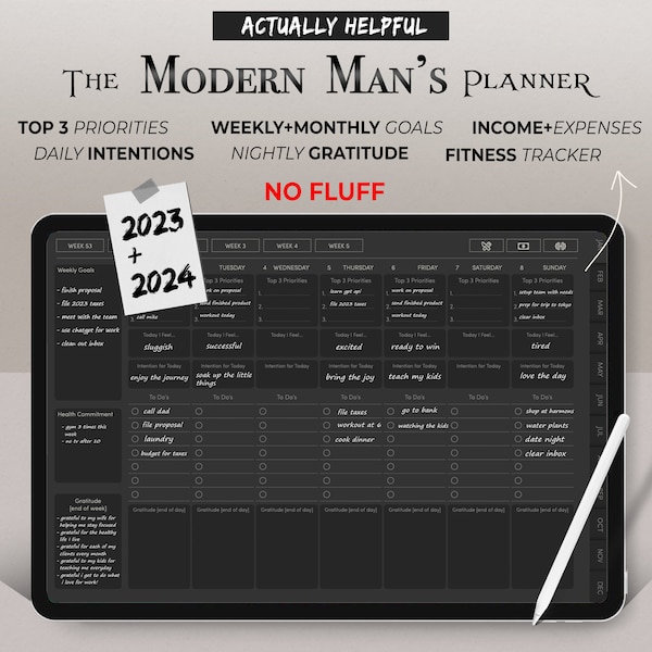 2024 Effective Men's Planner with Zero Clutter. Daily & Weekly Priorities, Fitness and Finance. iPad Daily Planner for Goodnotes/Notability.