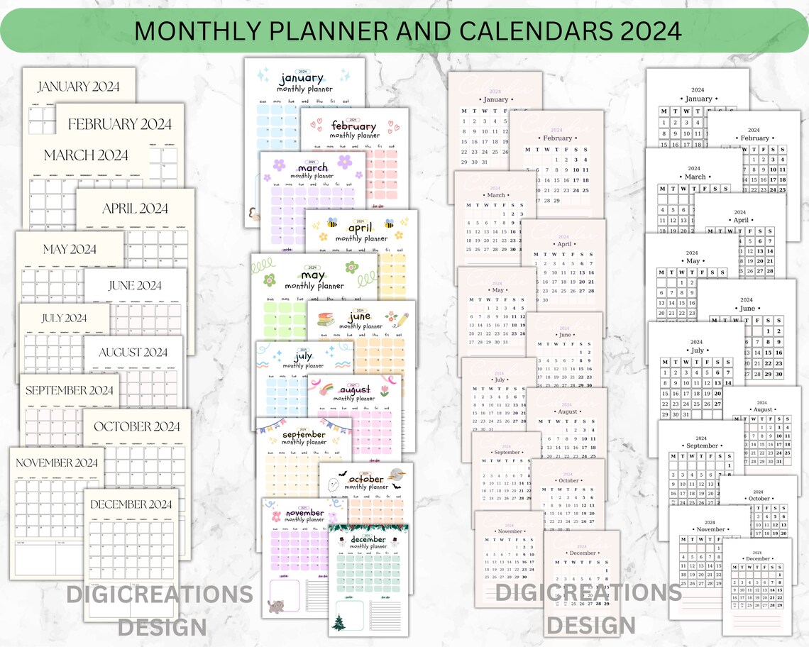 Printable Calendar 2024 Monthly Planner 2024 | Letter, A4, A5 ...