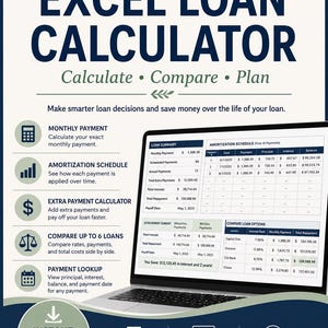 May include: An Excel Loan Calculator template featuring a laptop screen displaying an amortization schedule, loan summary, and comparison table. The document includes text headers like Excel Loan Calculator, Calculate, Compare, Plan, and Instant Download.