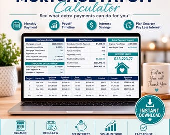 May include: A digital Excel mortgage payoff calculator displayed on a laptop screen. The interface includes sections for mortgage details, loan summary, extra payment impact, and an amortisation schedule. Text includes 'EXCEL MORTGAGE PAYOFF Calculator', 'See what extra payments can do for you!', and 'Future You will Thank You'.