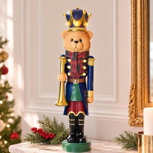 Christmas Teddy Bear Nutcracker with Lights, Navy Blue Burgundy Dark Green Home Decor, Holiday Mantel Decoration, Secret Santa Gift 47cm